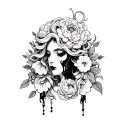 beautiful Medusa with peonies, black tears, moon, long nails/ half body  tattoo design idea