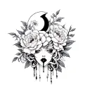 beautiful Medusa with peonies, black tears, moon, long nails/ half body  tattoo design idea