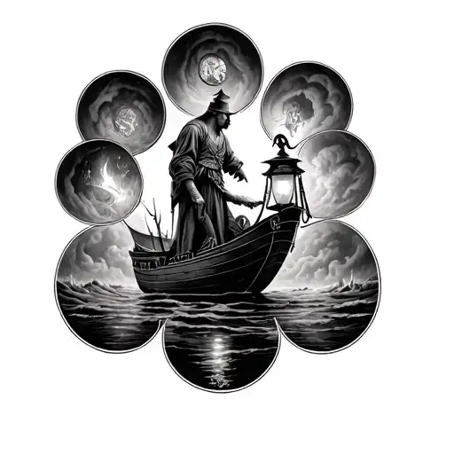 Dant's Inferno, 9 circles with the boatman receiving a coin. Boatman on thigh with his lamp, realistic tattoo design idea