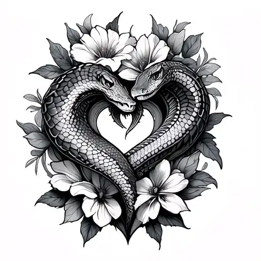 flowers, snake intertwined hearts tattoo design idea