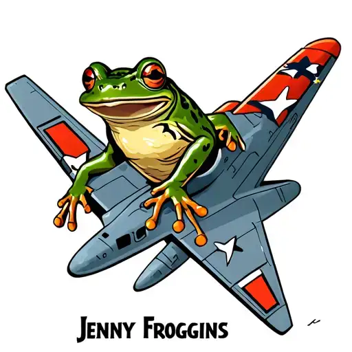 cartoon frog in a fighter jet flying with the title jenny froggins tattoo design idea