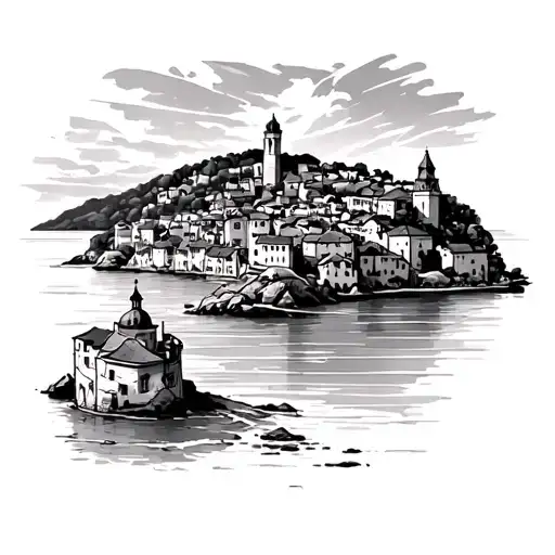 Croatian coast line with town showing tattoo design idea