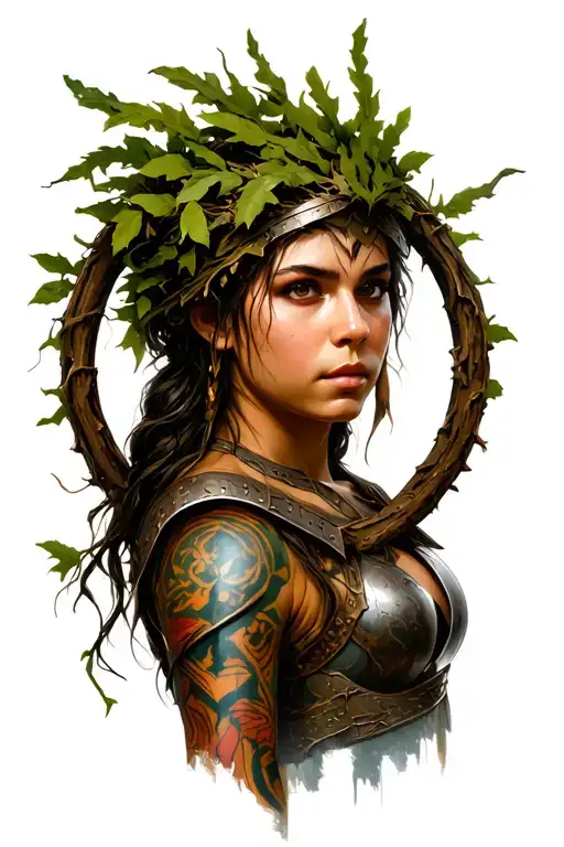 strong female warrior looking slightly to the right wearing circlet made of vines and branches tattoo design idea