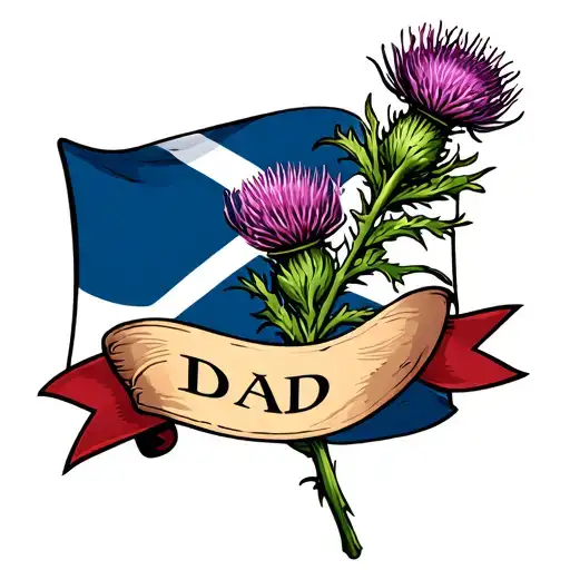 Scottish thistle in front of a scotland flag with the word dad on a banner  tattoo design idea