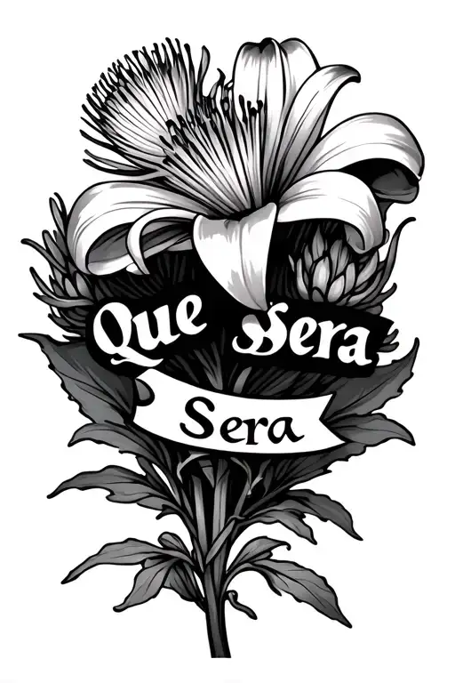 lily and thistle with the words "Que Sera Sera" as the stem. tattoo design idea