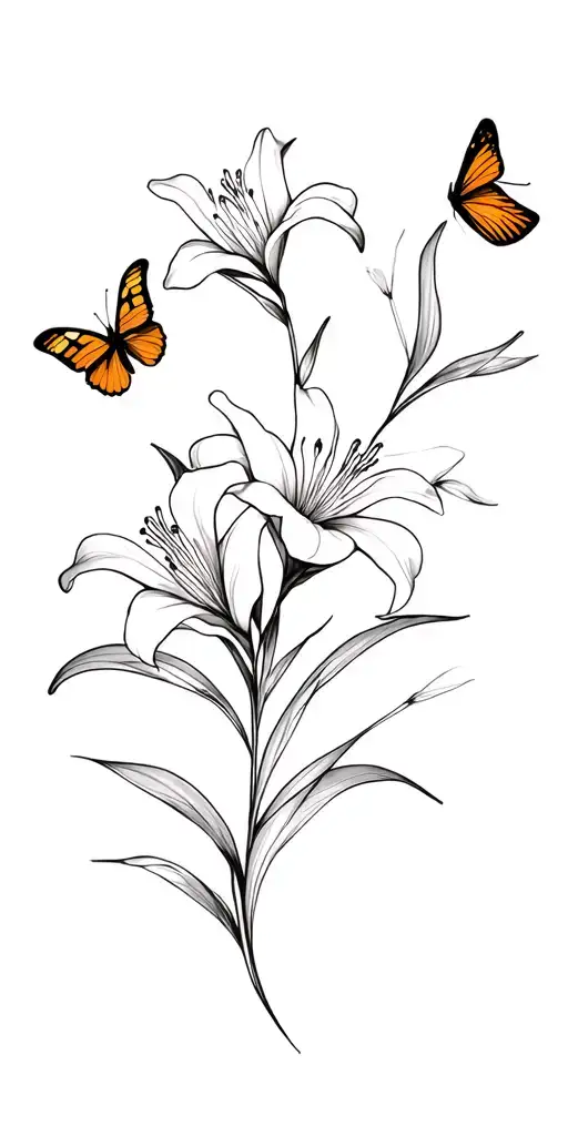 Tiger lilies and butterflies tattoo design idea