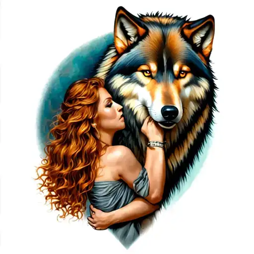 full body alpha wolf protecting a ginger female tattoo design idea