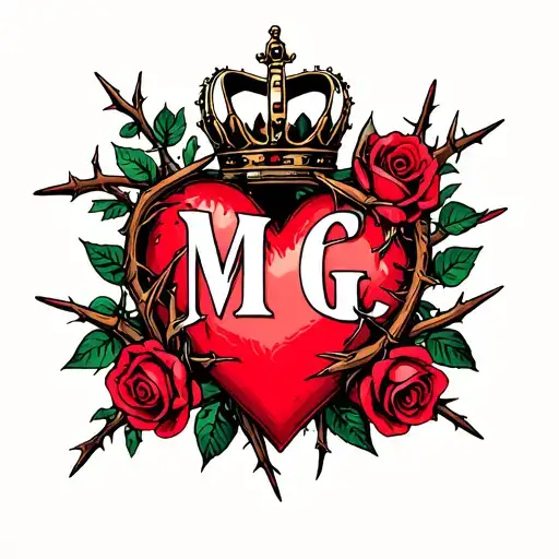 "M G" heart surrounded by thorns and roses with a crown adorned tattoo design idea