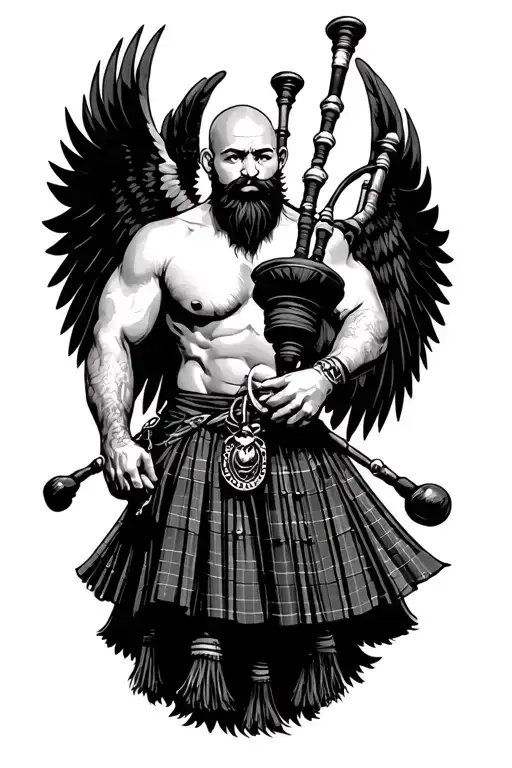 legless shirtless muscular bagpiper bald black beard playing bagpipes huge black wings tattoo design idea
