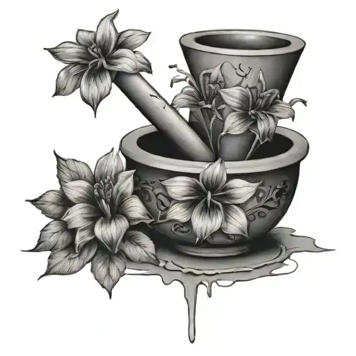 cracked mortar and pestle, flowers growing tattoo design idea