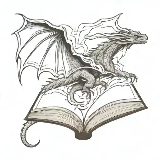 book open , mountain and dragon flying tattoo design idea