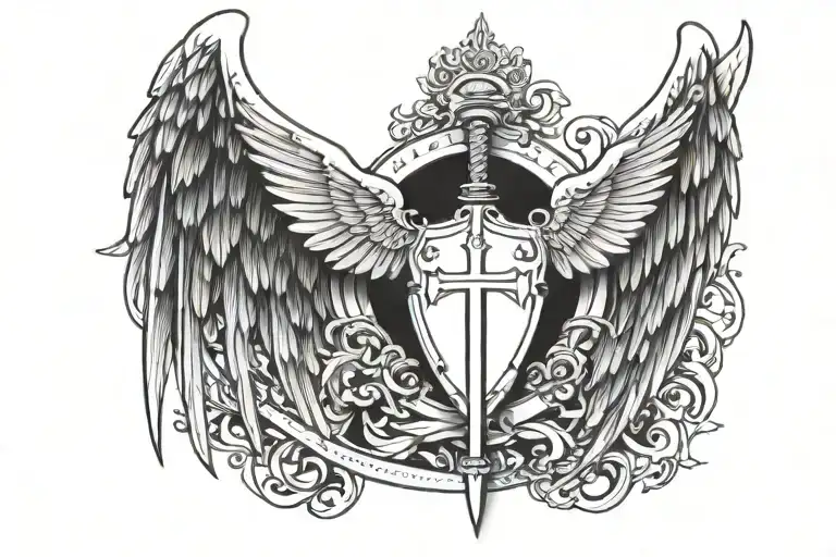 Angel Gabriel wings and sword and shield tattoo design idea