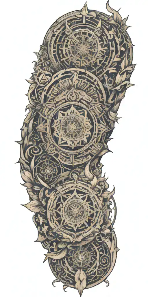 Blend Buddhist mandala, fine-line wood grain, anime elements, and subtle gaming symbols into a cohesive, flowing design tattoo design idea