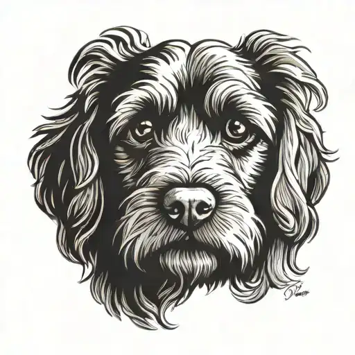 a cavoodle dog face with his nose with a small pink dot on the bottom right side of his nose. and have coffee beans  tattoo design idea