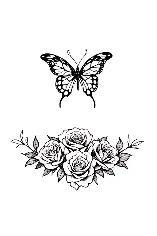 tribal tattoo with a butterfly adorned with roses in the middle tattoo design idea