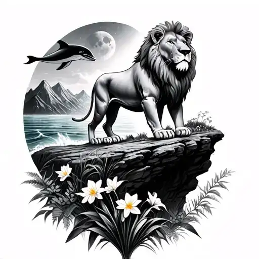 lion on  jungle of mountain cliff with daffodil flower near ocean watching dolphin under crescent moon light and neptune tattoo design idea