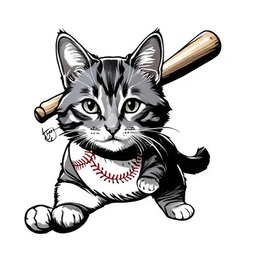 cat playing baseball tattoo design idea