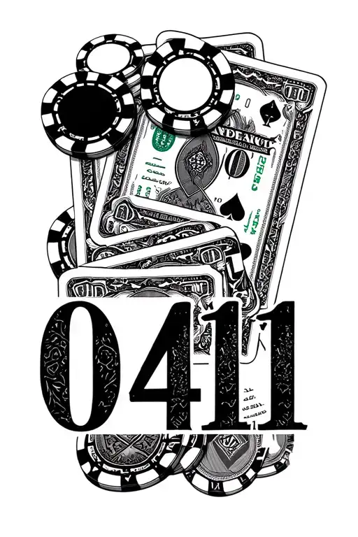 "0411" money bills and poker chips playing cards tattoo design idea