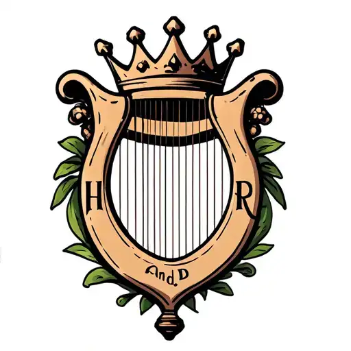 "H and r" "H and r" harp with crown hanging tattoo design idea