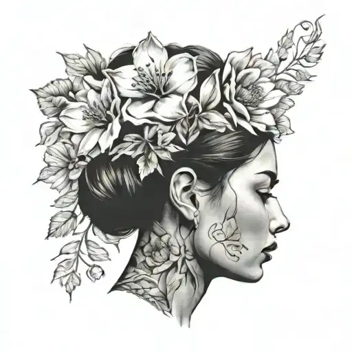 female floral lady head profile tattoo design idea