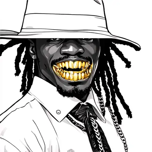 black men with gold teeth grills with palm tree wick dreads and with a Haitian 1804 chain and black Air Force shoes  tattoo design idea