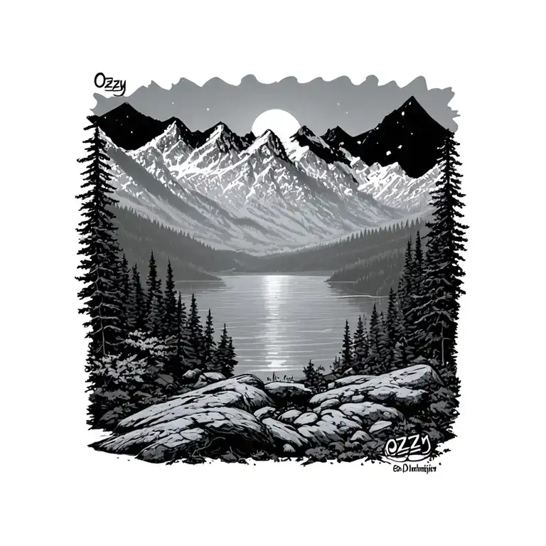 "Ozzy" Mountains Lakes Nature tattoo design idea