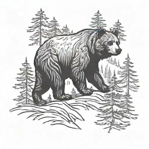 Black bear with forest landscape and pine trees tattoo design idea