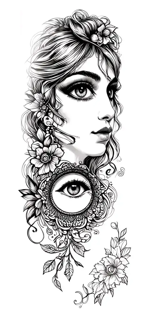 women face one eye tattoo design idea
