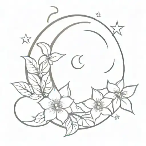 crescent moon, stars and holly and narcissus flower emerging tattoo design idea