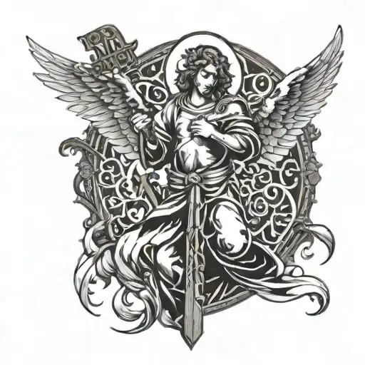 A intricate design of an angelic figure holding a cross in a martial arts pose tattoo design idea