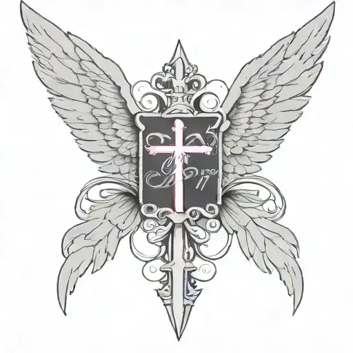 cross with angel wings on it with the name "MeMe" and the date 3:17  tattoo design idea