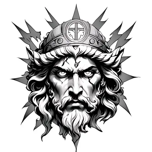 Tattoo on the chest of Zeus with evil eye, white eyes, scars on the face, lightning in the background, karma symbol tattoo design idea