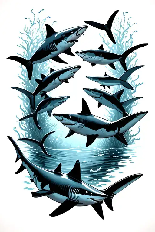 group of sharks swimming. hammerhead, California&austrailian leopard shark, , thresher shark and Caribbean reef shark  tattoo design idea