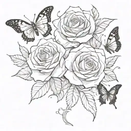 butterflies flying around a red rose intertwined tattoo design idea