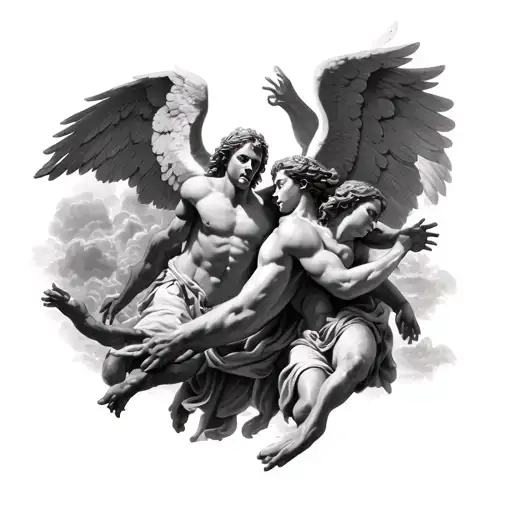 Right arm black and white realism tattoo sleeve of angels coming down from heaven to fight demons from hell tattoo design idea