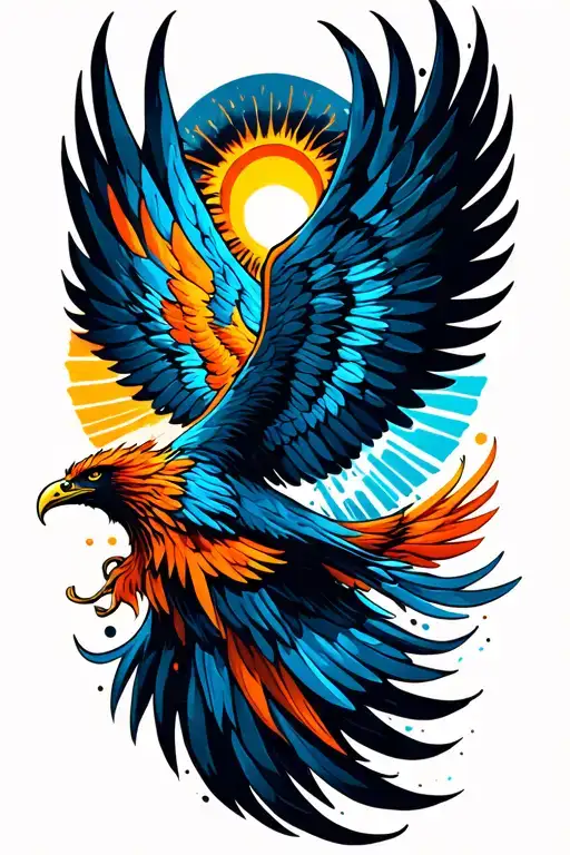Sun rising Phoenix bird flying eagle wings spread wide tattoo design idea
