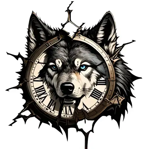 broken clock with Roman numerals and wolf face morphing tattoo design idea