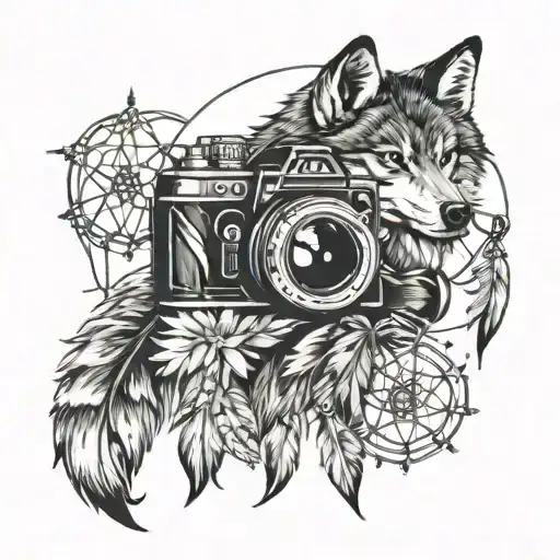 dreamcatcher and wolf and camera lens tattoo design idea