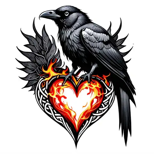 celtic crow and firey heart tattoo design idea