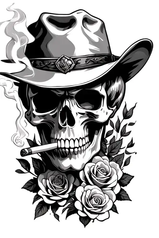cowboy skull smoking cigarette with burnt cards and roses tattoo design idea