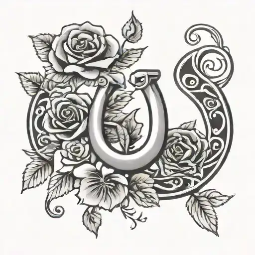 black-and-gray design featuring a horseshoe with a rose in the center. The horseshoe is positioned in a "U" shape, symbo tattoo design idea