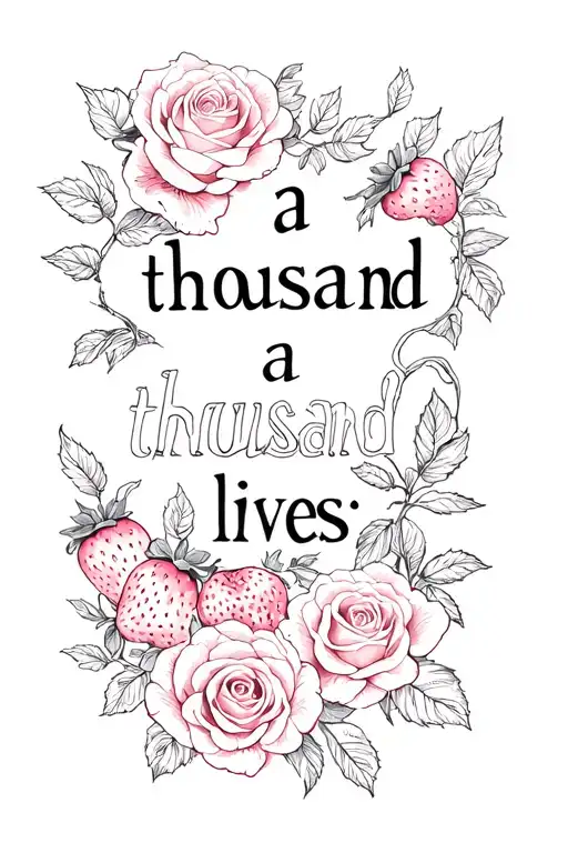 "a thousand lives" postage stamp including strawberries and roses tattoo design idea
