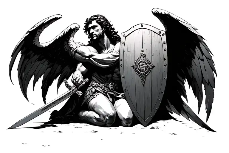 St Michael Kneeling with sword and shield tattoo design idea