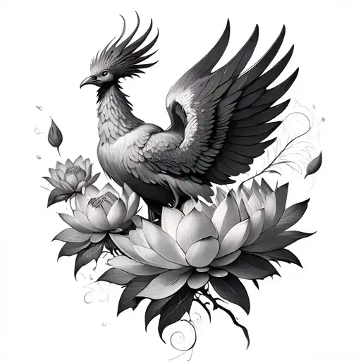 phoenix, lotus flower, 5 lotus flowers growng,2sets of wings,5 wild flowers tattoo design idea