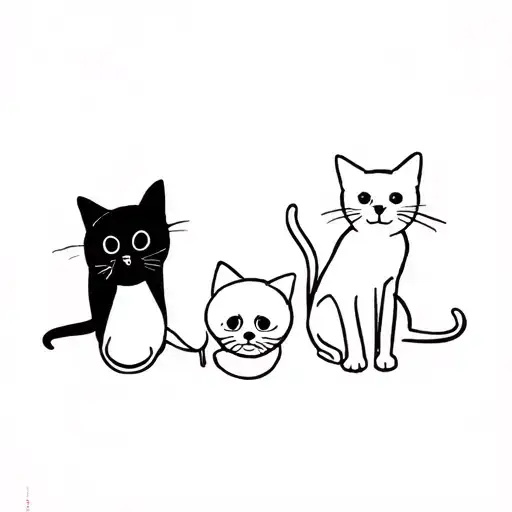 2 black cats, 1 white cat and 2 black and white cats, and 1 bichon tattoo design idea