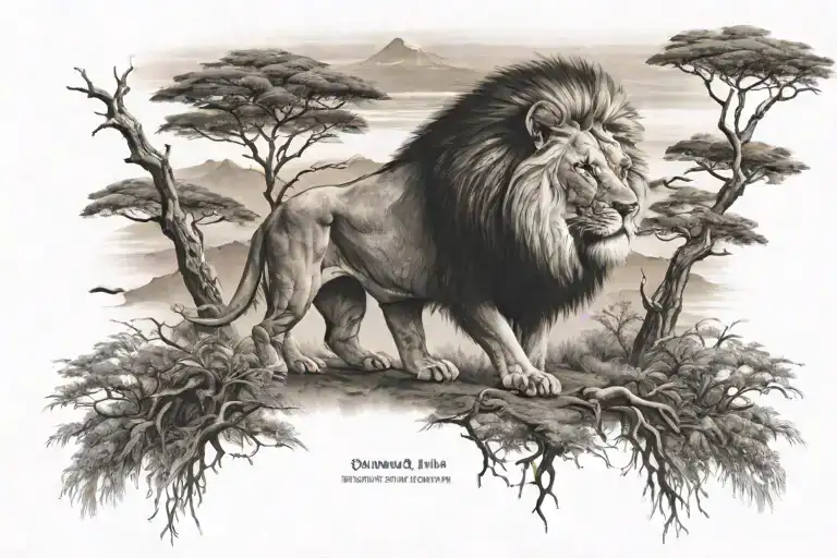Kilimanjaro, Acacia Trees, Lion roaring tattoo design idea