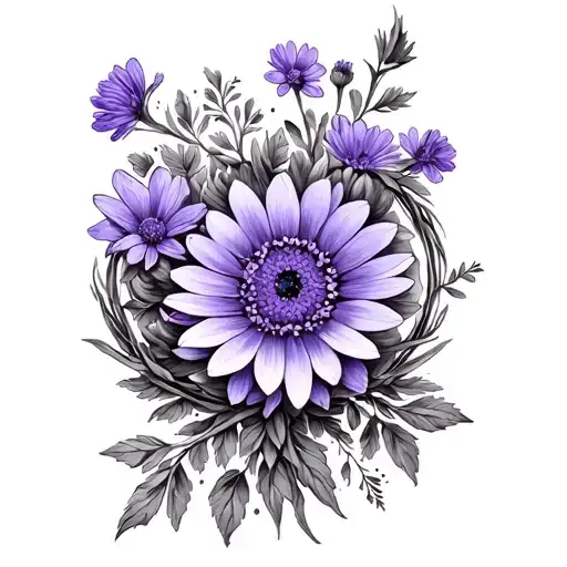 violet flower and aster flower in wreath frame tattoo design idea