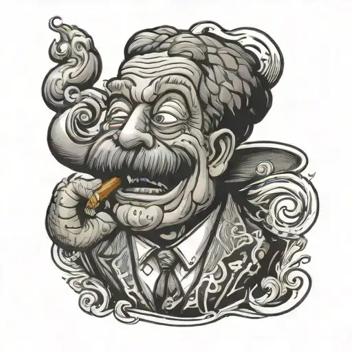 Black and white tattoo design of a personified pickle smoking a cigar, whimsical and humorous style, with bold outlines  tattoo design idea