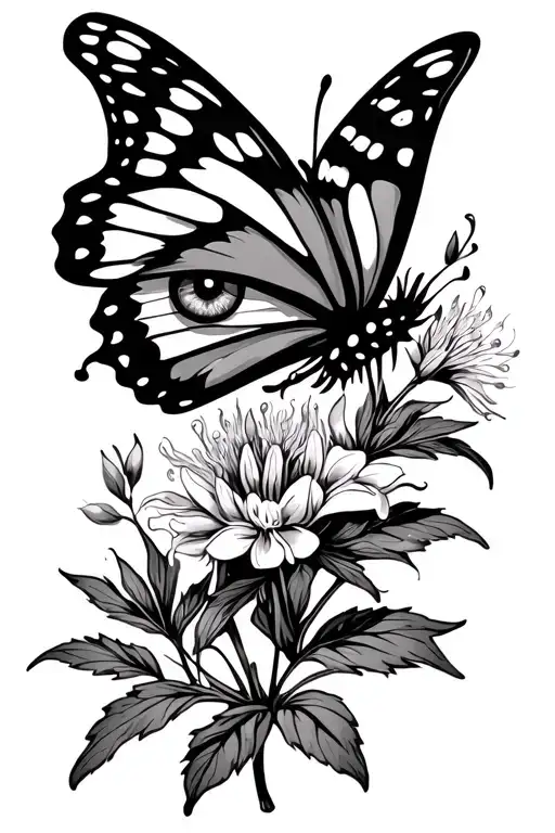 butterfly with evil eye and some fireweed with an old school vibe tattoo design idea