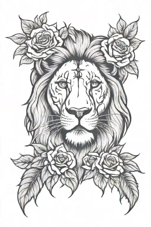 lion face with roses blooming and memorial tattoo tattoo design idea